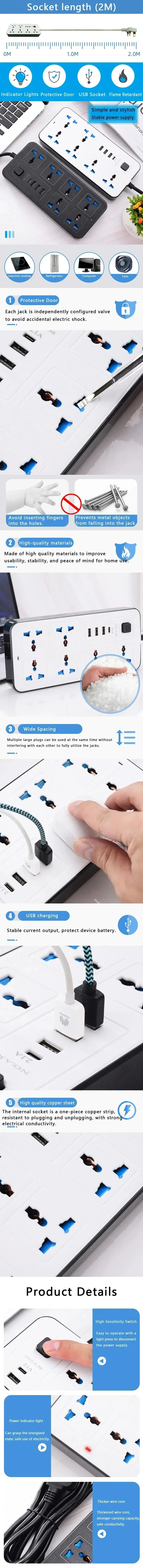 Universal Power Strip AC Outlet With Extension Cable Type C USB Ports Charger Electrical Socket For iPhone POCO Samsung Xiaomi