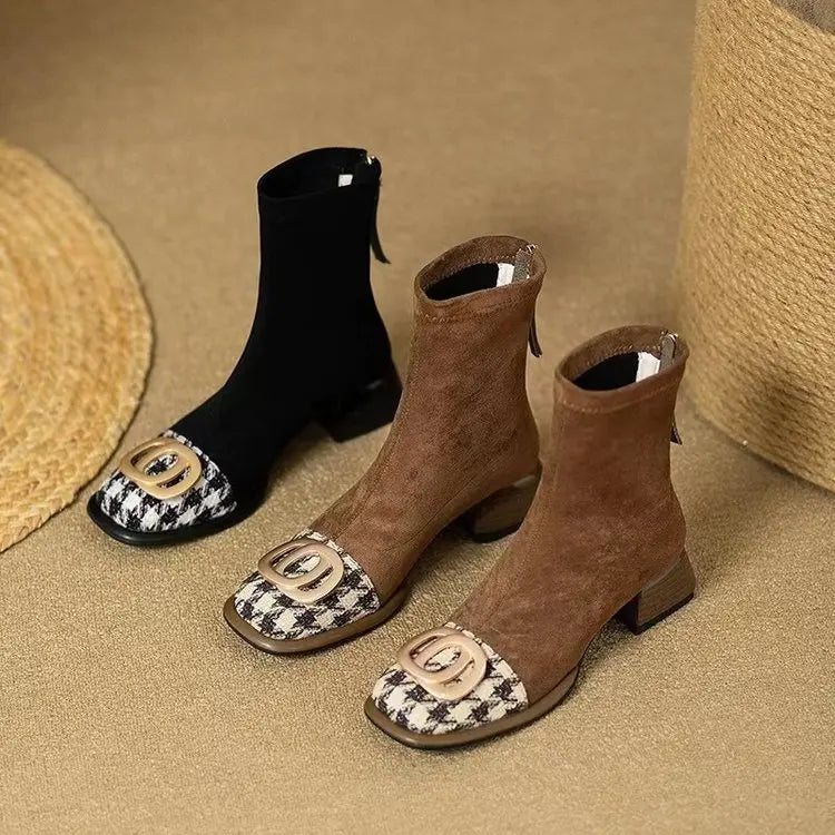 Women Mid Heels Chelsea Boots Chunky Suede Ankle Shoes Winter 2024 Fashion New Zipper Boots Pumps Walking Punk Warm Sock Botas