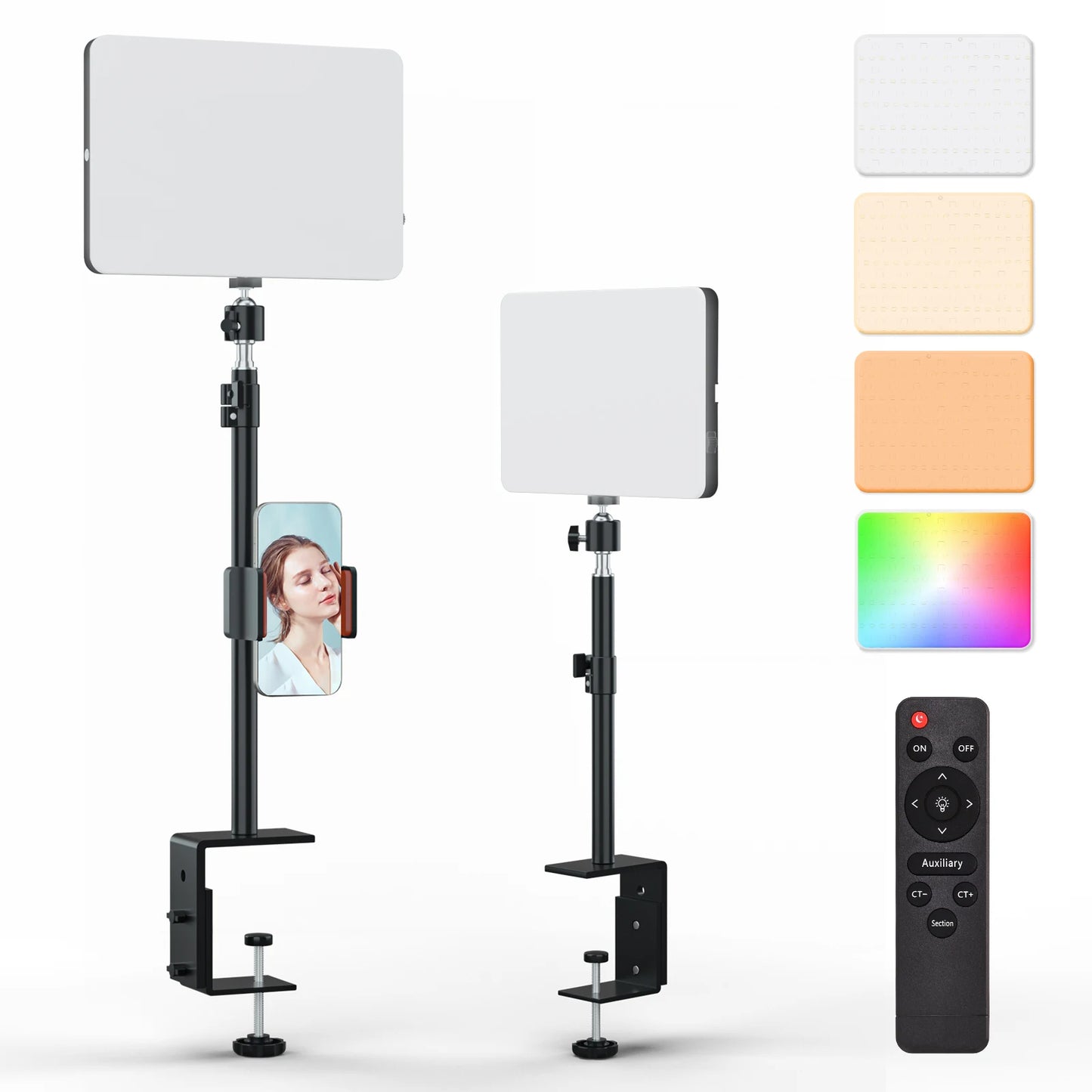 LED Desk Bi-Color Video Light RGB Streaming Key Light with Remote Control Dimmable Studio Light with Phone Holder Desk Stand