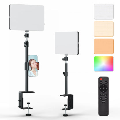 LED Desk Bi-Color Video Light RGB Streaming Key Light with Remote Control Dimmable Studio Light with Phone Holder Desk Stand