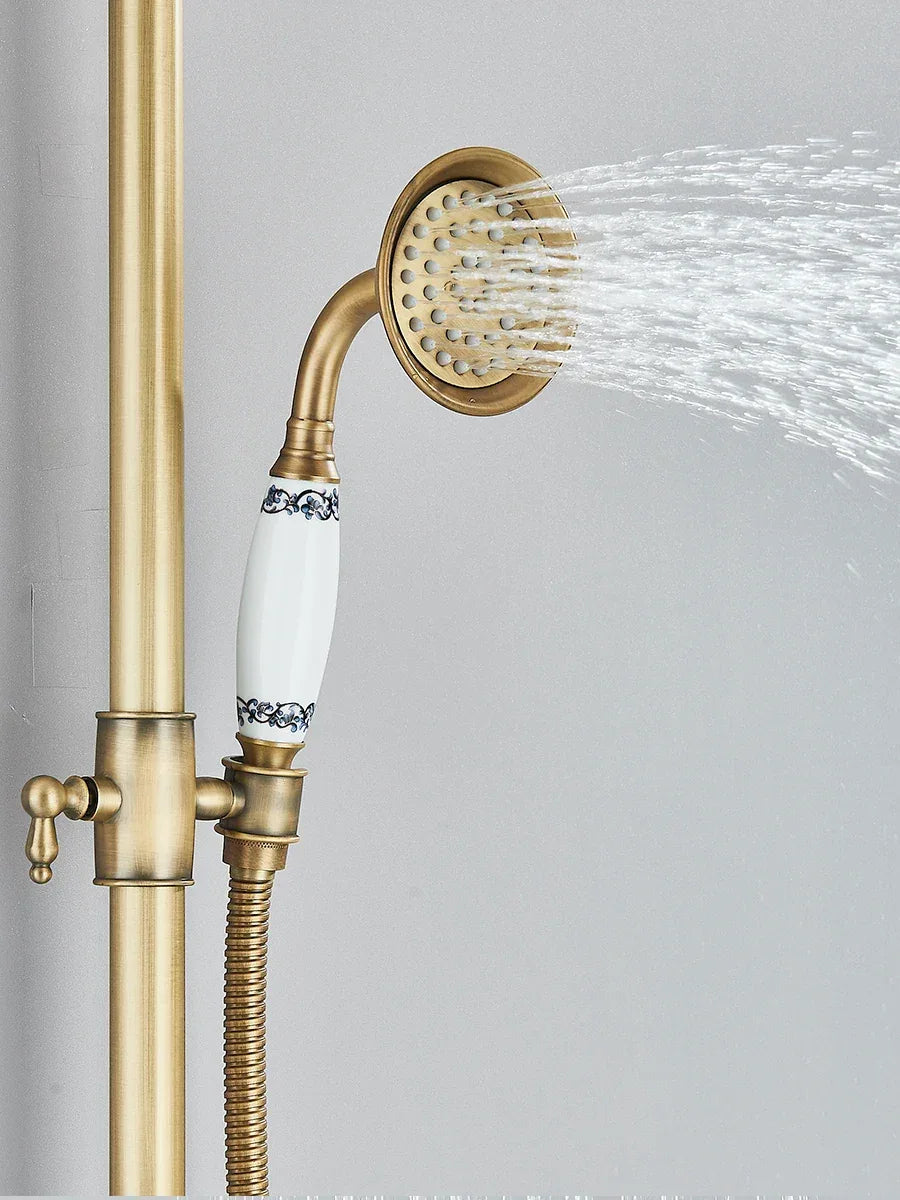 Retro Shower System Antique Brass Rainfall Shower With Handheld Shower Tub Spout For Bath Shower