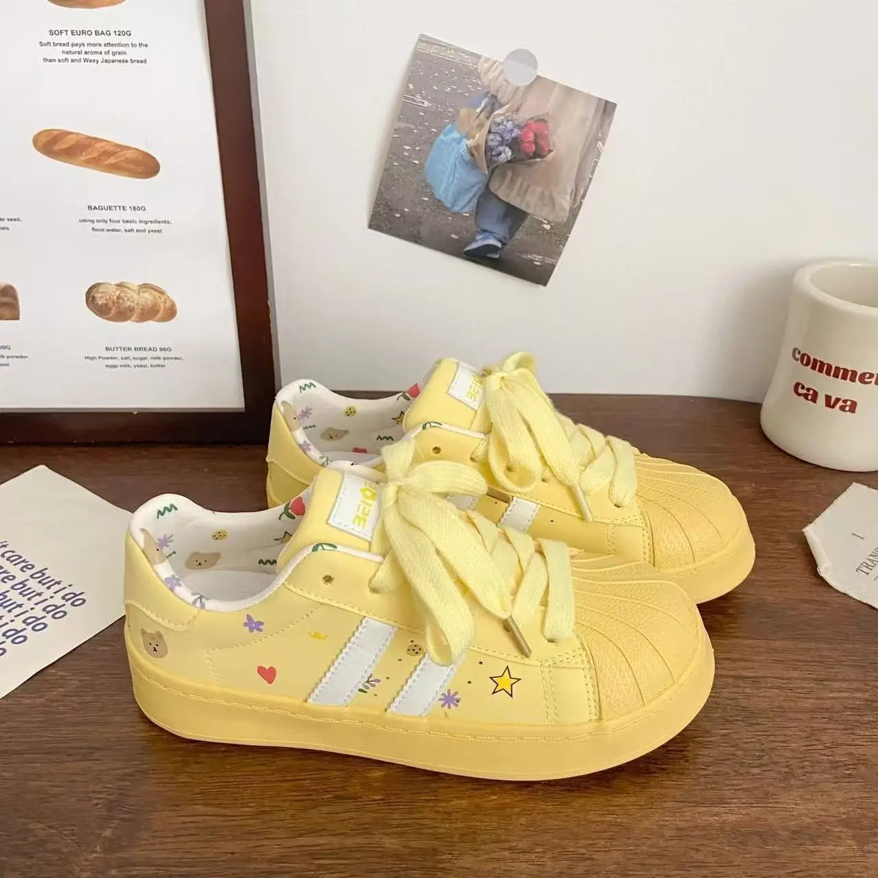 Thick-soled yellow flats for students, versatile sports casual shoes for women