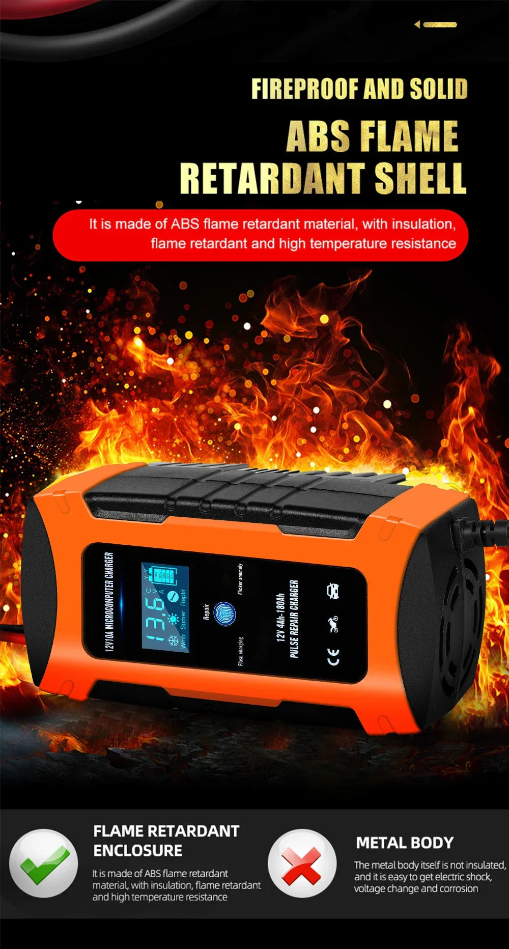 Pulse Repair Car Battery Charger 12V Output Current 10A Max Digital Display Summer Winter Mode Lead-Acid Battery Charger
