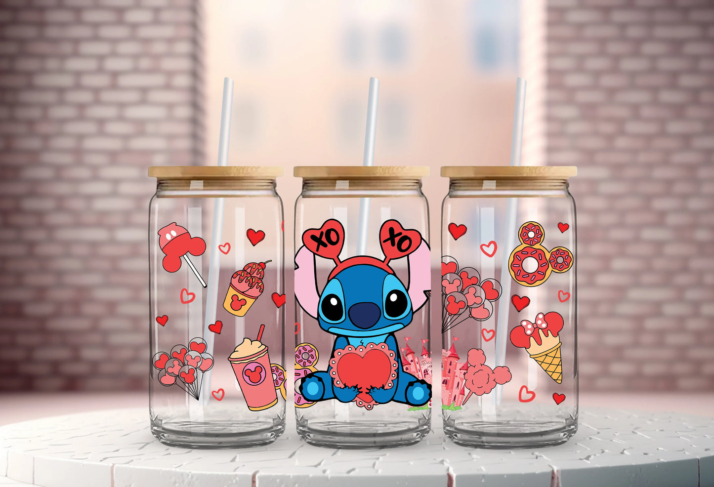 Valentine's Day cartoon Mickey Minnie Stitch Love 16oz Glass Cup UV DTF Transfer Film High-Quality Wraps Transfer Decals