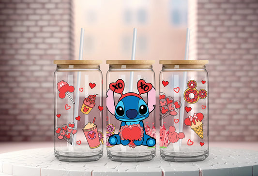 Valentine's Day cartoon Mickey Minnie Stitch Love 16oz Glass Cup UV DTF Transfer Film High-Quality Wraps Transfer Decals