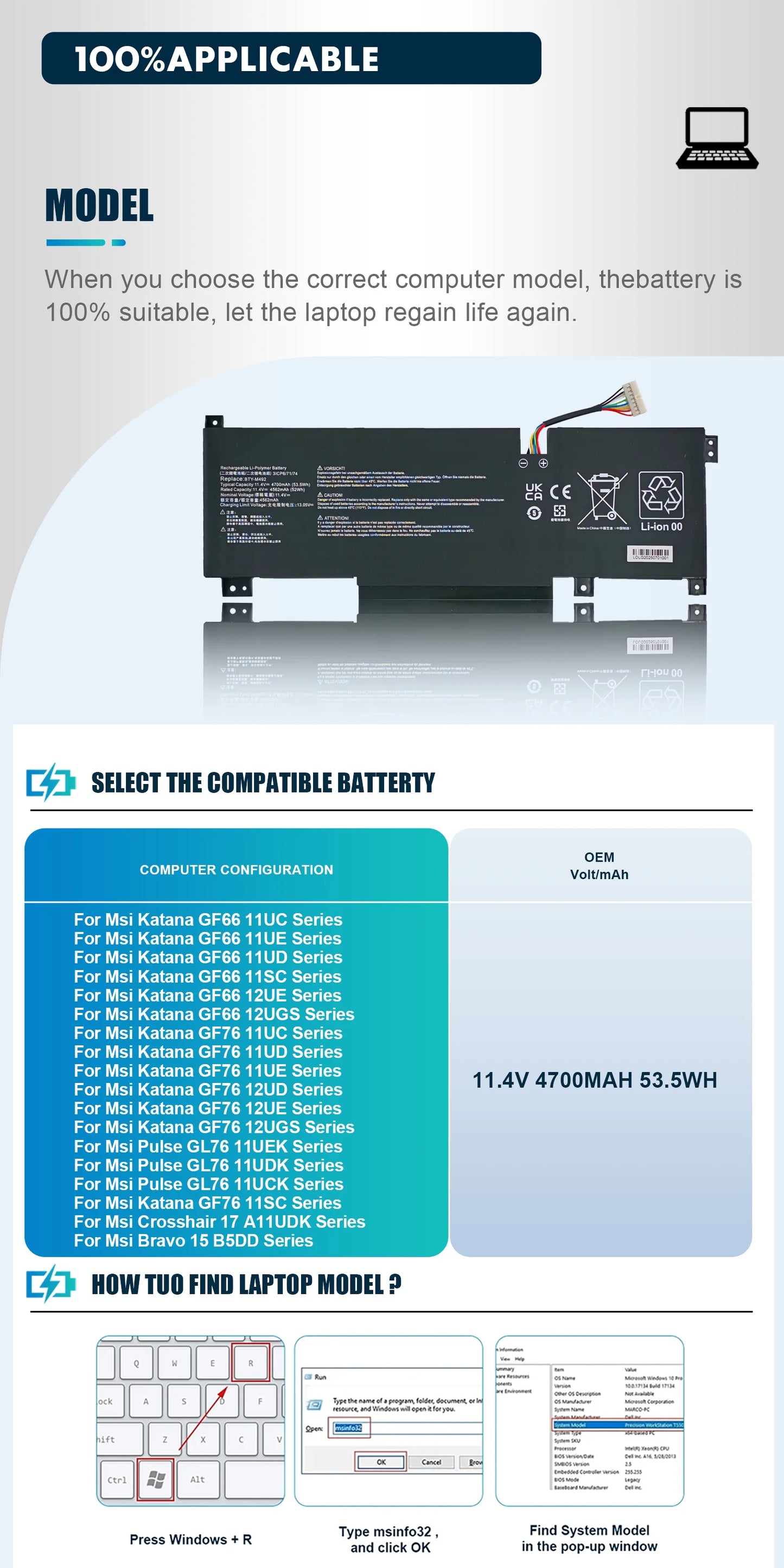 BTY-M492(white)  For Msi Bravo C7VF Stealth A13VF-021UK Sword 15 A13V A11UE A11UG Cyborg 15 A12VF CrosshAir 17 A11UCK A11UDK