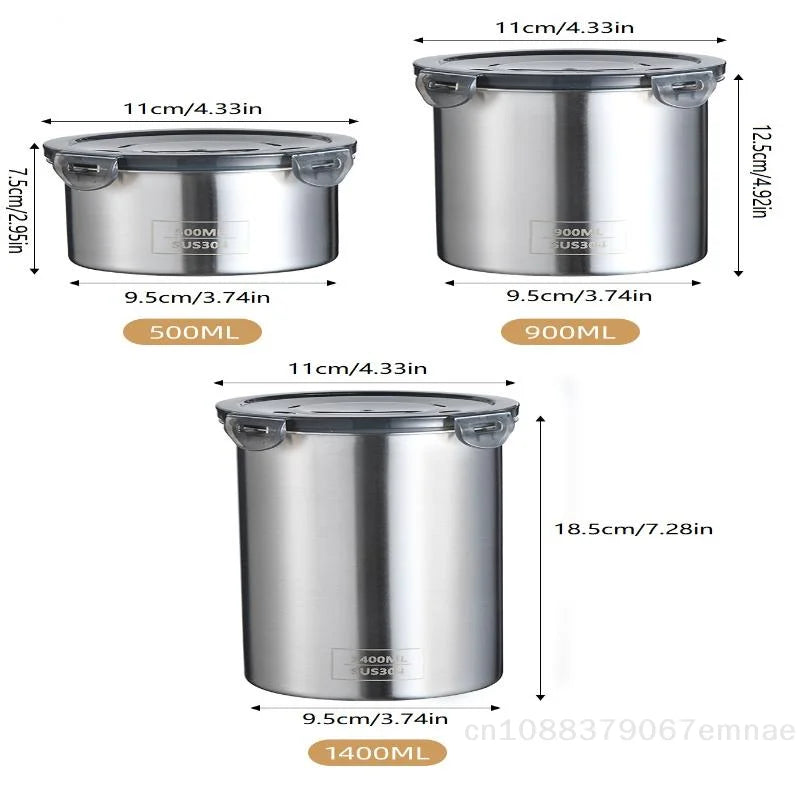 Stainless Steel Storage Jars Set 500/900/1400ml Sealed Containers Kitchen Organizer for Fresh Grain Vegetable Coffee