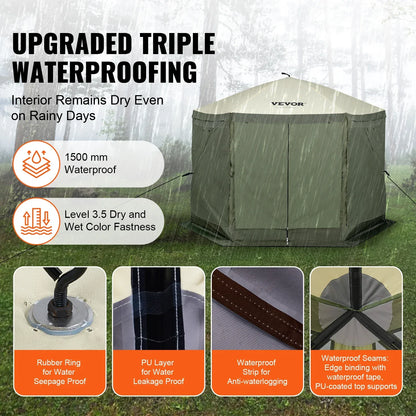 SucceBuy Pop Up Gazebo Tent, Pop-Up Screen Tent 6 Sided Canopy Sun Shelter with 6 Removable Privacy Wind Cloths & Mesh Windows