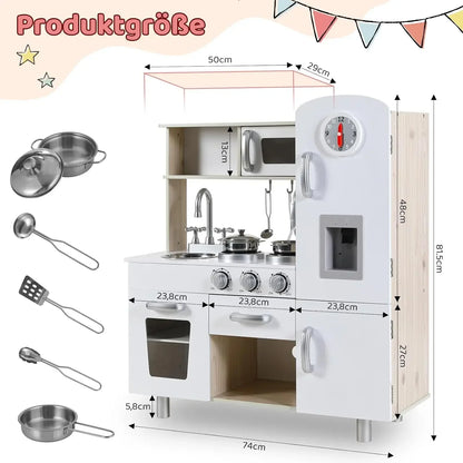 Wooden Play Kitchen Set Pretend Play Kitchen with Lights and Sounds for Kids Ages 3+, Includes Stove Oven Microwave Coffee Maker