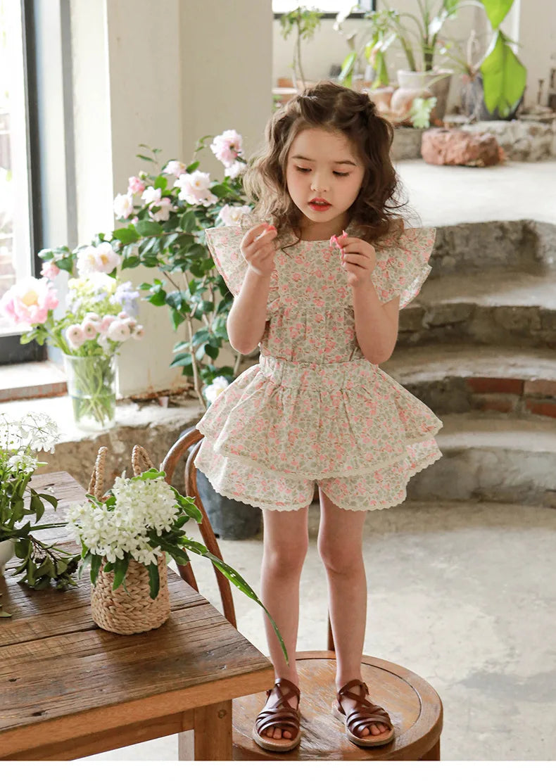 Kids Girls Cute Shirts and Shorts Skirts Outfit Set 2026 Summer New Korea Children Floral Fringed Shirts Skirts Clothes Set