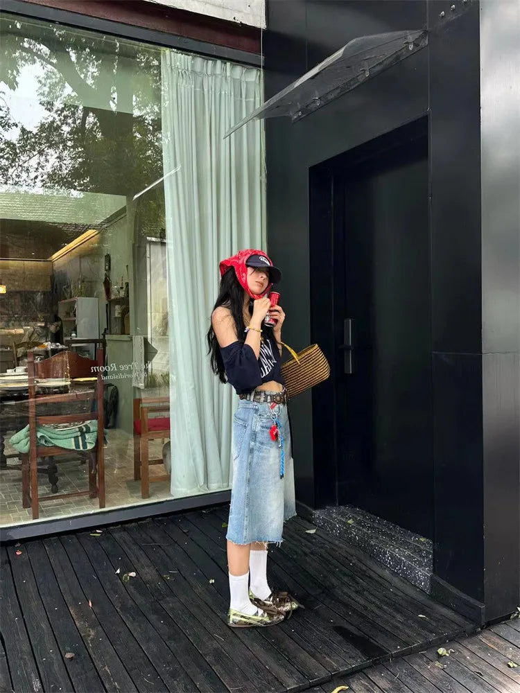 Yedinas Loose Off Shoulder Letter Graphic T Shirts Woman Clothing Short Sleeve American Retro Summer Tops Korean Style Y2k Tees