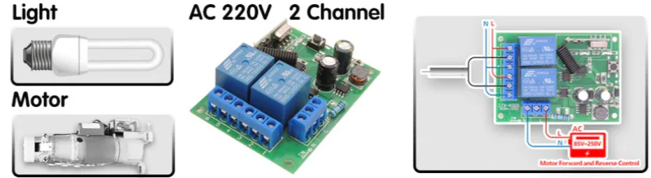 433MHz Universal Wireless Remote Control AC220V 2CH rf Relay Receiver and Transmitter for Universal Garage door and gate Control