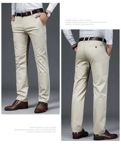 Autumn Classic Style Men's Beige Business Straight Casual Pants Stretch Cotton High Waist Solid Brand Trousers Khaki Green Black