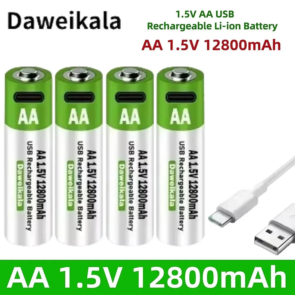 2025 New AA 1.5V USB Rechargeable Li-ion Battery 12800mAh Battery W/Type-C Cable for Toy Remote Control Mouse Electric Battery
