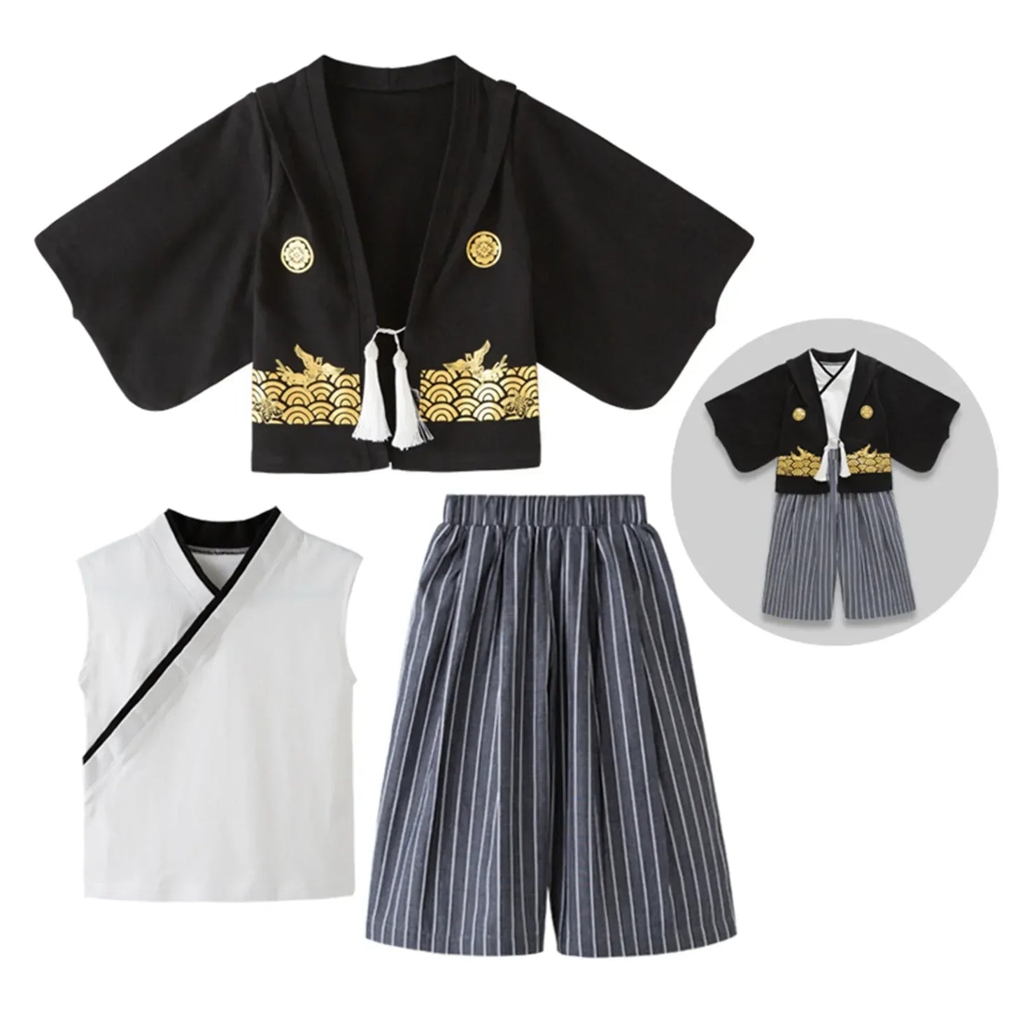 Boys' Kimono Set Traditional Jinbei Kimono For Weddings Graduations Cherry And Autumn Festivals Boys Winter Outfit