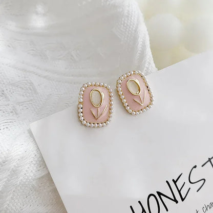 Opal Tulip Flower Pink Color Square Imitation Pearl Stud Earring for Women Korean Sweet Geometric Jewelry Christmas Girl Gift