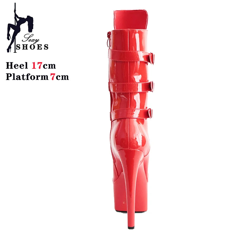 Pink 17cm/7Inch Sexy Punk Black Platform Pole Dance Women's Boots Stripper Heels Ankle Boots High Heels Zip Belt Buckle Shoes