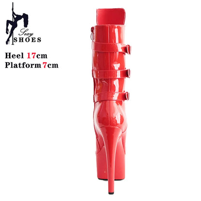 Pink 17cm/7Inch Sexy Punk Black Platform Pole Dance Women's Boots Stripper Heels Ankle Boots High Heels Zip Belt Buckle Shoes