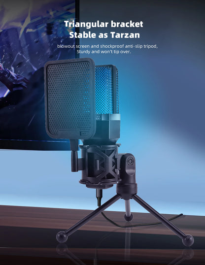 Professional Microphone Condenser Gaming Mic PC Laptop Computer USB Wired Streaming Studio Podcast Mike Kit Gamer RGB PC Karaoke
