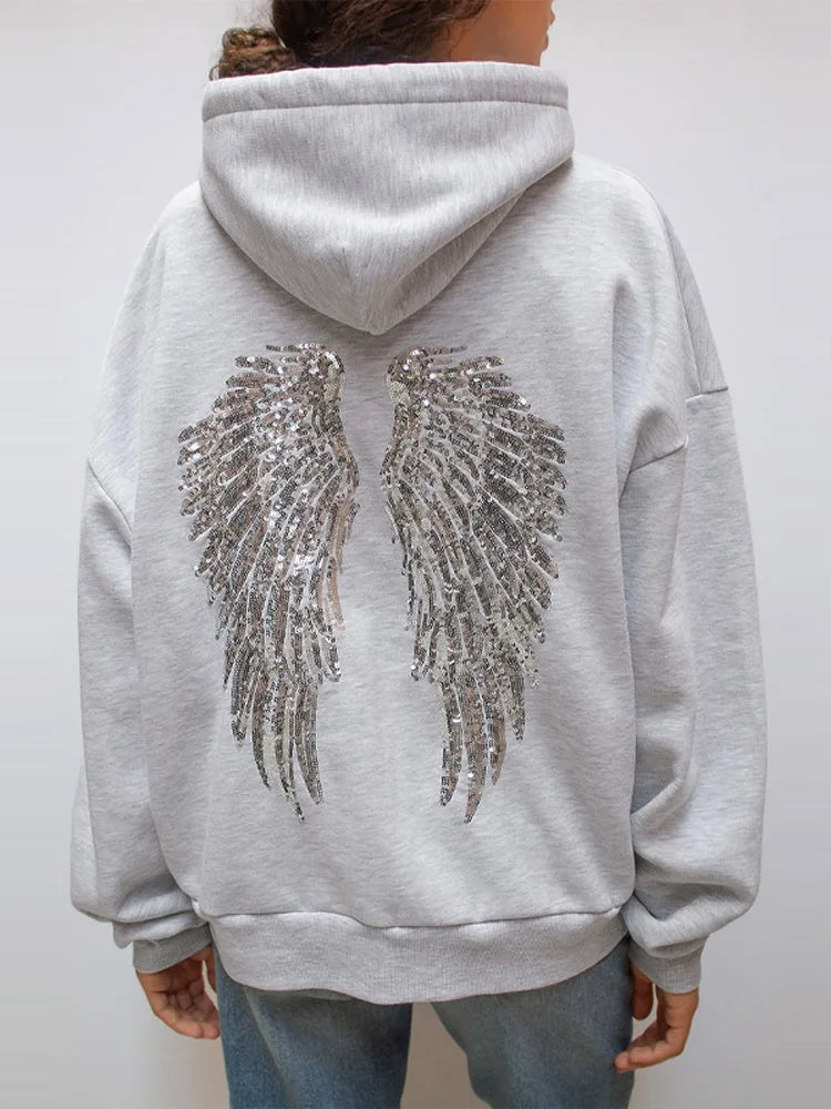 Chic Navy Blue Sequin Angle Pattern Hoodie Sweatsuit Long Sleeve Loose High Street Pullover 2025 New Lady Autumn Winter Coats