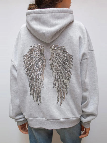 Chic Navy Blue Sequin Angle Pattern Hoodie Sweatsuit Long Sleeve Loose High Street Pullover 2025 New Lady Autumn Winter Coats