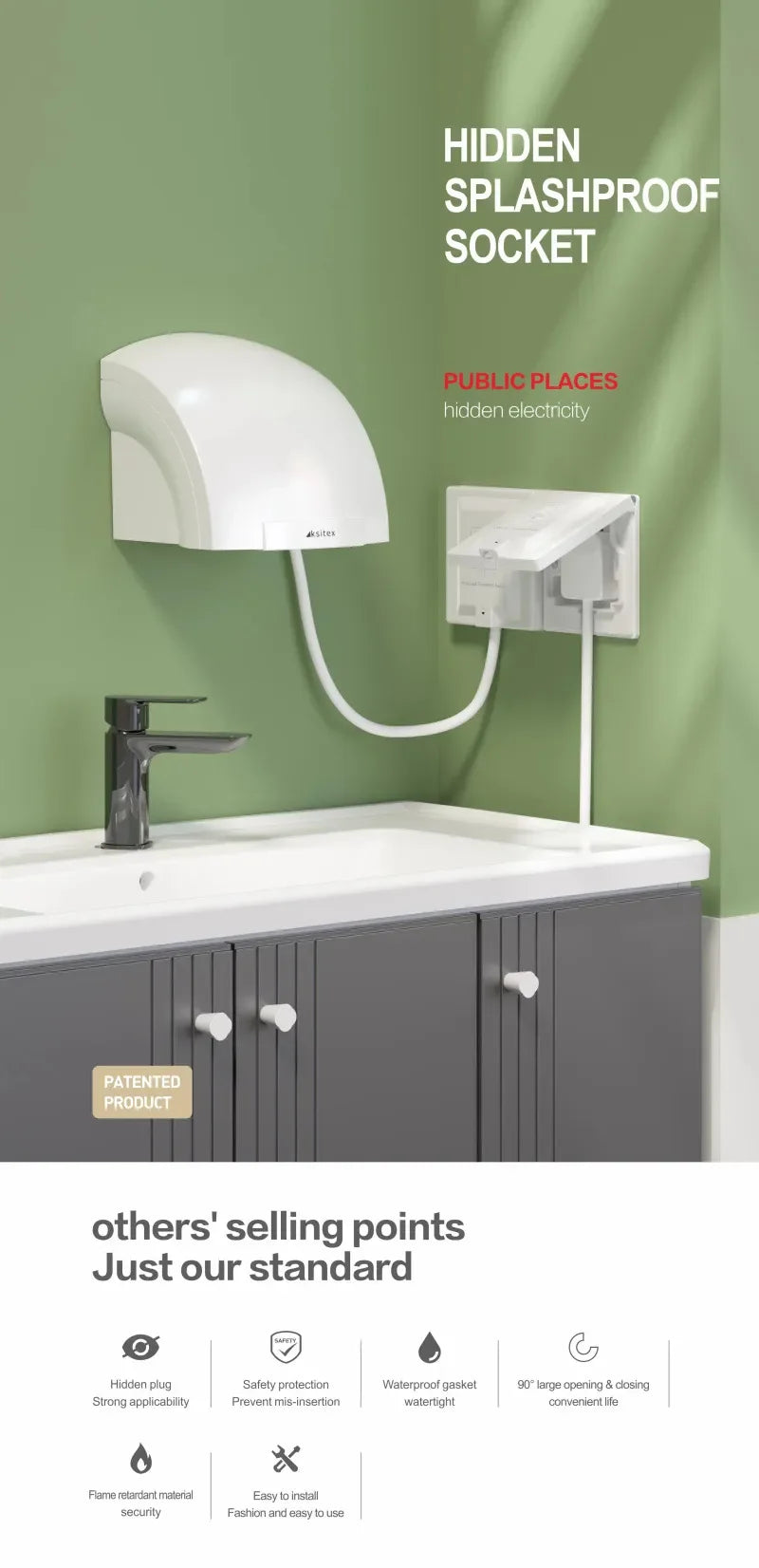 UK Plug 13A Recessed Bathroom Socket Panel with Hidden Waterproof Plug and Built-in Type 86 Kitchen Invisible 220V Socket