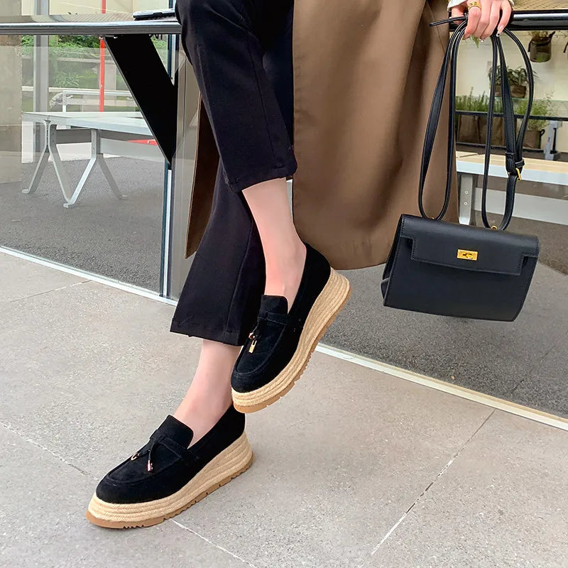 MKKHOU Fashion Loafers New High Quality Real Leather Suede Vintage Straw Braid Platform Shoes Daily Casual Light Shoes Neutral