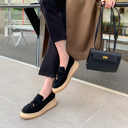 MKKHOU Fashion Loafers New High Quality Real Leather Suede Vintage Straw Braid Platform Shoes Daily Casual Light Shoes Neutral