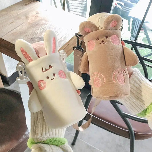 1Pcs Cartoon Plush Cup Holder With Crossbody Strap Portable Water Bottle Cover Cute Plush Insulated Bag Cup Pouch by PDG ibma