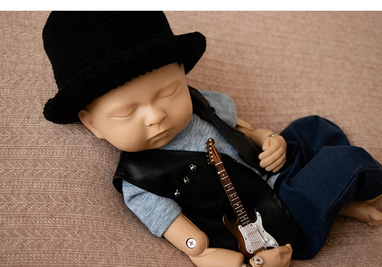 Newborn Photography Clothes for Baby Boy Cool Leather Jacket Clothing Musician Guirar Set Props for Studio Photoshoot Props