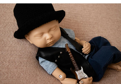 Newborn Photography Clothes for Baby Boy Cool Leather Jacket Clothing Musician Guirar Set Props for Studio Photoshoot Props