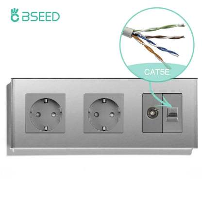 BSEED Single TV CAT5 Internet Socket Double EU Power Socket Triple Germany  With RJ45 Television Wall Sockets Glass Frame