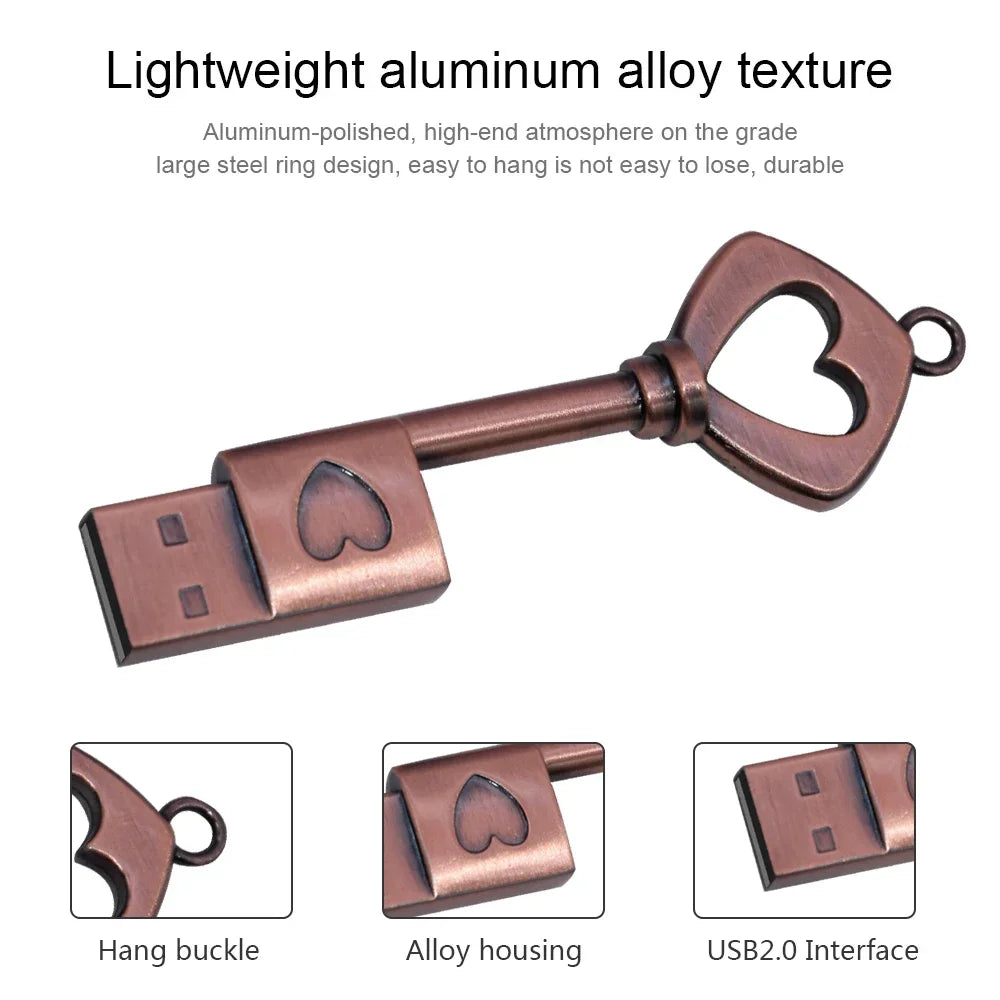 10pcs/lot Copper Love Heart Pen Drive 128GB Metal USB 2.0 Flash Drive 64GB Key Memory Stick Creative Gift Pendrive 64GB Storage