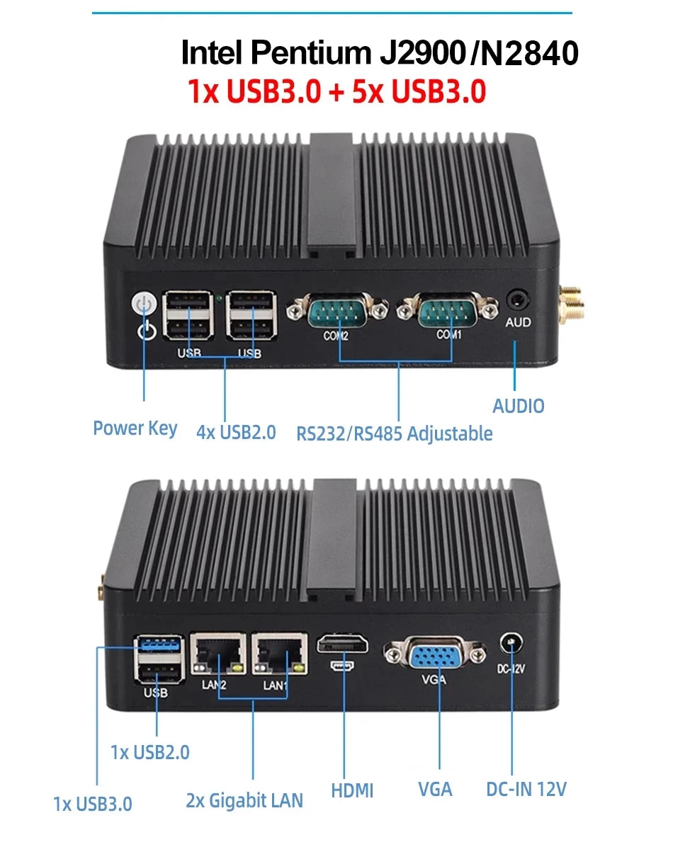 XCY Fanless Mini PC Intel Core I5-5200U I3-5005U Dual GbE LAN 2x RS-232 Serial Ports 4x USB Embedded IPC WiFi Windows Linux