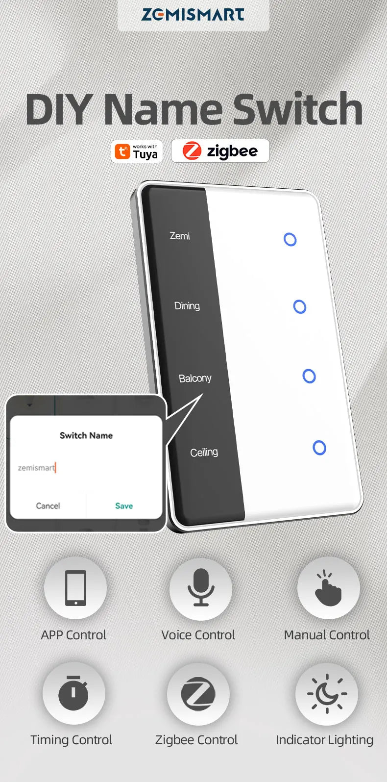 Zigbee Smart DIY Name Switch Work with Tuya App US Type Display Screen Touch Wall Light Switch Alexa Google Home Voice Control