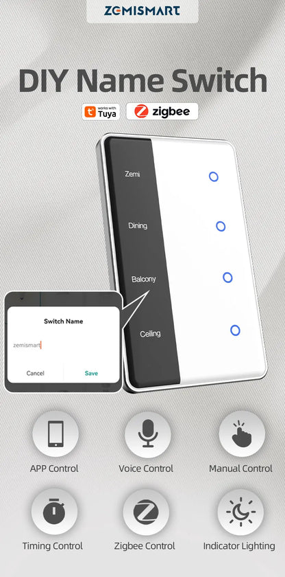 Zigbee Smart DIY Name Switch Work with Tuya App US Type Display Screen Touch Wall Light Switch Alexa Google Home Voice Control