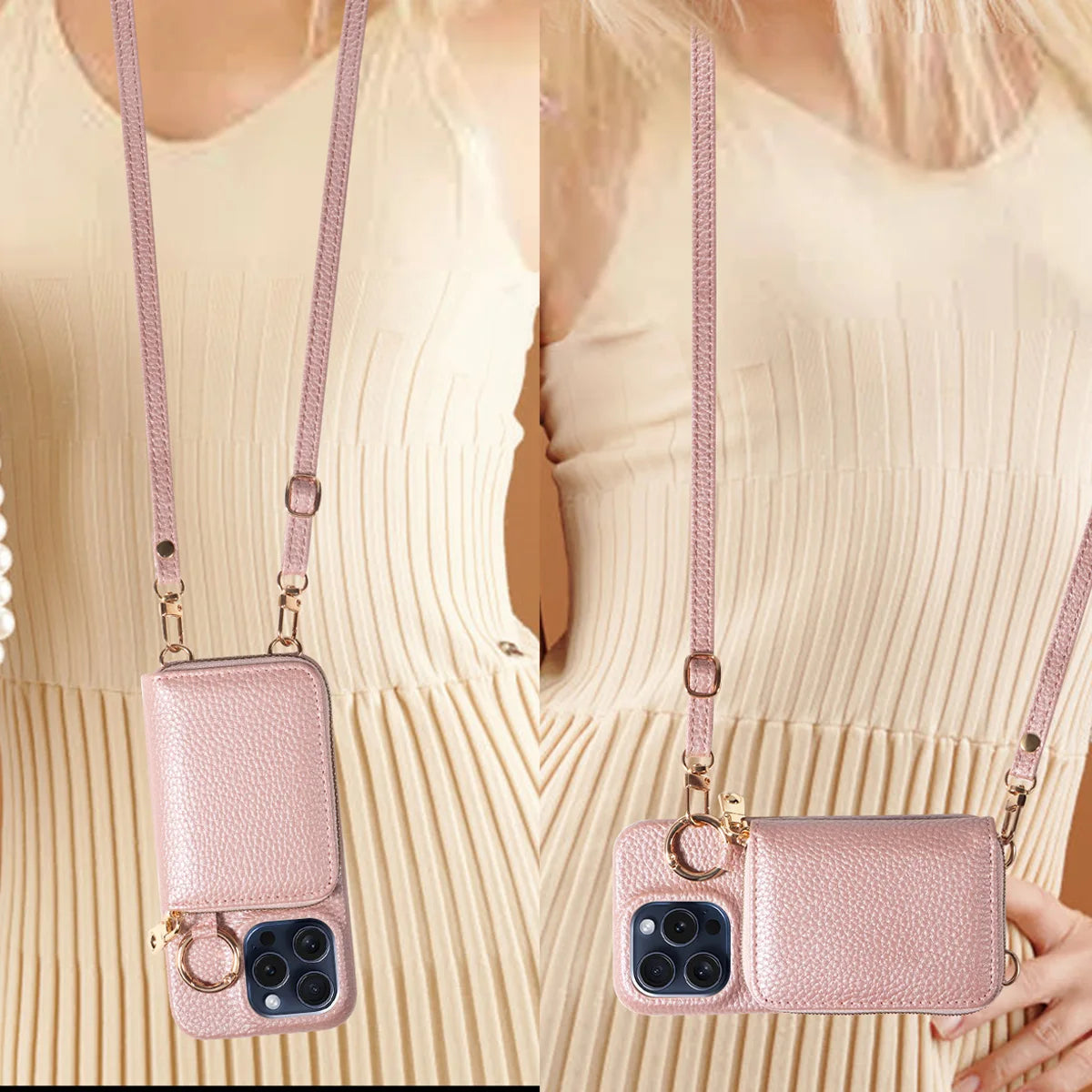 Newly Designed Deluxe Zipper Card Case for IPhone16promax 15 14 PU Leather Phone Case with Crossbody Lanyard Wallet Function