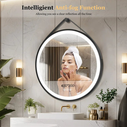 LUVODI 32-Inch Large Round Bathroom Mirror with LED Lights Black Frame Touch Sensor Lighted Mirror for Bathrooms