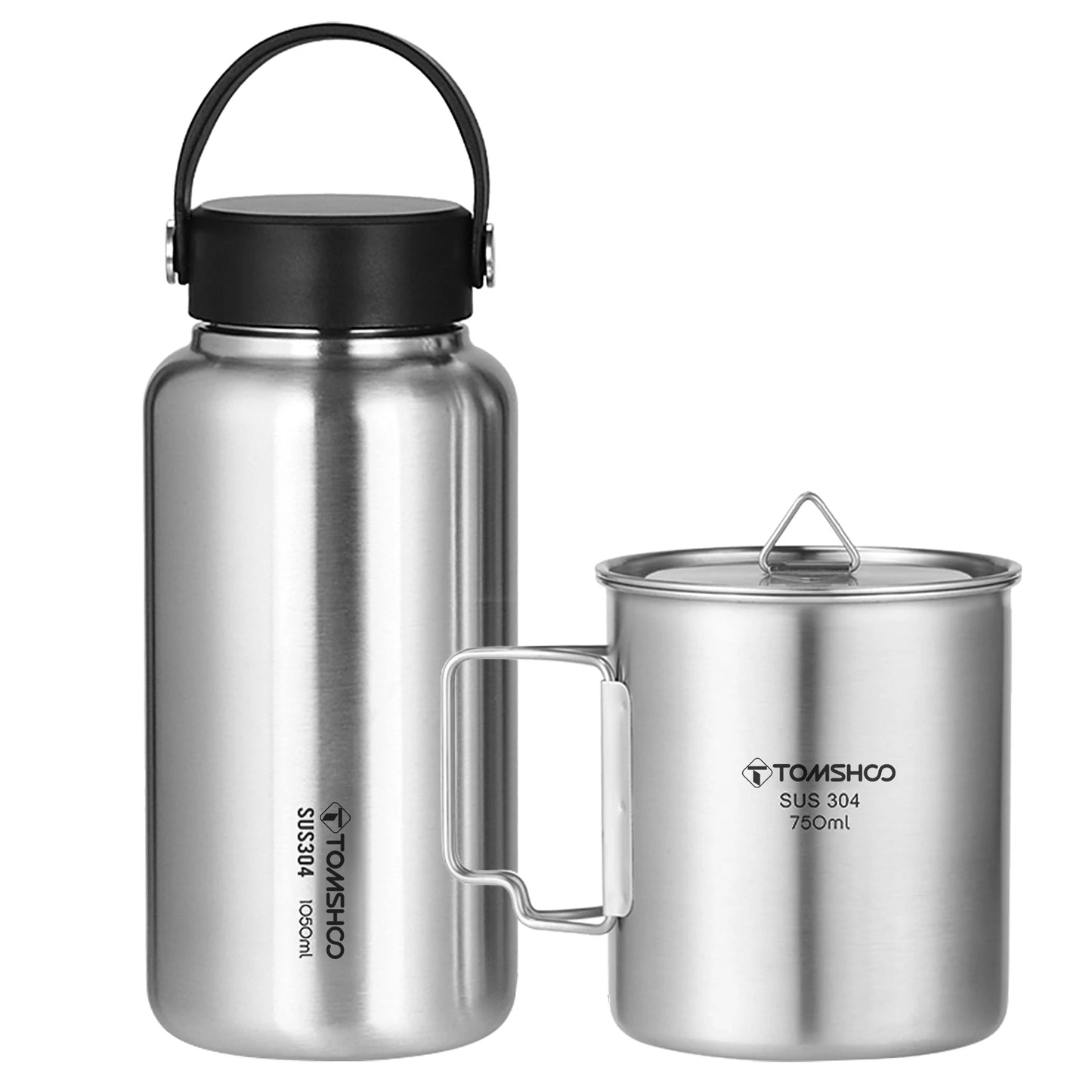 TOMSHOO 1050ml Stainless Steel Water Bottle Leak Proof Sports Bottle with 750ml Water Cup Coffee Mug Hanging Pot for Outdoor
