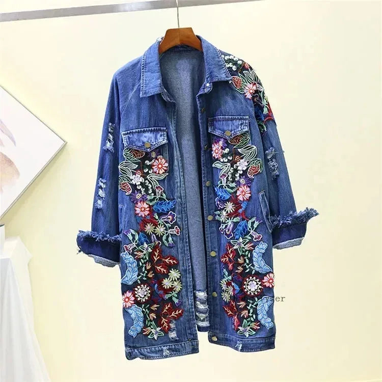 Spring Autumn Loose Vintage Flower Embroidered Denim Jacket Women Single-breasted Casual Raw Fringe Hole Jeans Jackets Female