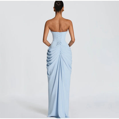 Butter Yellow Mesh Splicing Long Dress Elegant Strapless Split Backless Pleated Gowns For Women 2026 Lady Evening Party Gowns