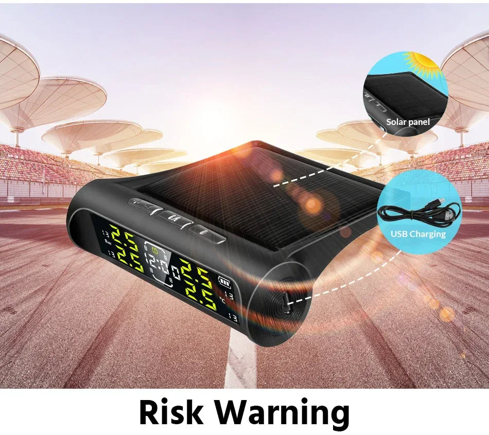 Wireless Solar Charging TPMS Real-time Monitoring with Electronic Clock Display 4 Sensors Tire Pressure Monitoring System