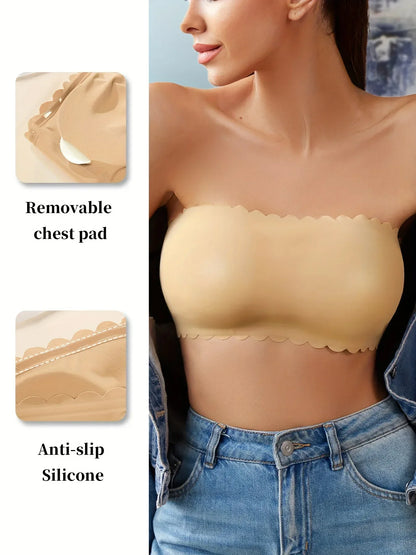 Hot Sale New Design Effective Slip-proof Scallop Side One Piece Bralette Padded Ice Silk Seamless Strapless Bra For Women