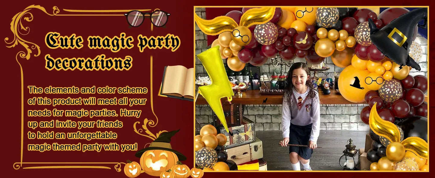 Magical Wizard School Balloons Garland Arch Kit Burgundy Black Gold Snitch Wizard Hat for Halloween Magic Themed Birthday Party