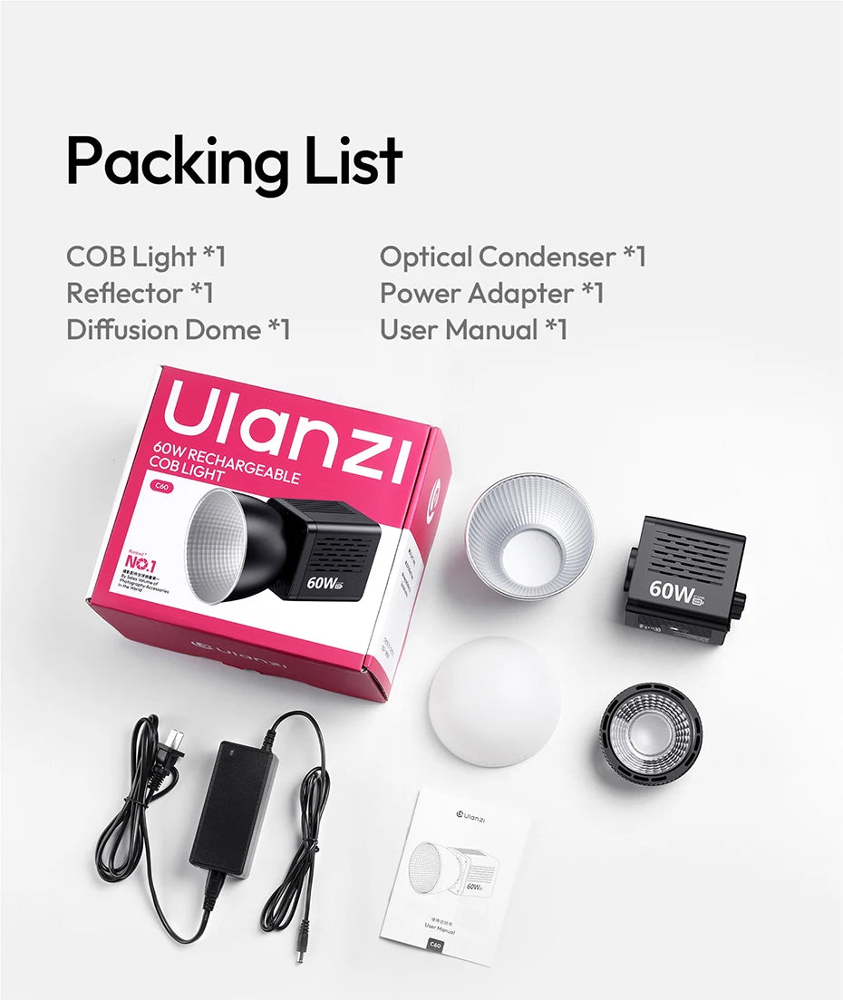 Ulanzi C60 60W COB Video Light Bi-Color Led Light 2500-6500K 3300mAh Mini Bowens Mount for Photography Studio Lighting Live Vlog