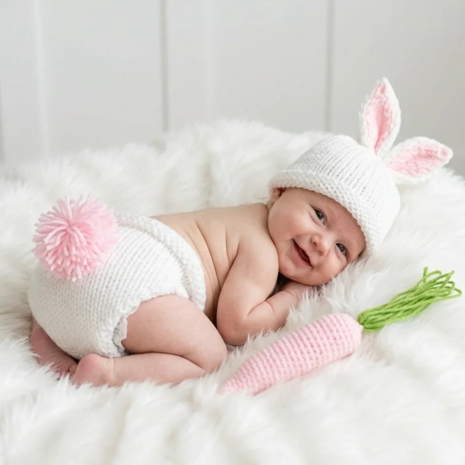 Cute Newborn Baby Photography Prop Gift Set Knitted Cartoon Pink Bunny Shorts Hat CarrotNewbornPhotoShootCostumeBaby Shower Gift