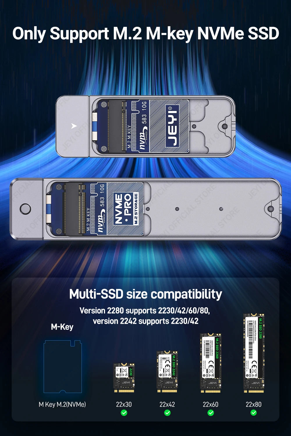 JEYI M.2 NVMe(USB 3.2 10Gbps)Direct-attach  Enclosure,USB-A Plug In-line Aluminum 2242 2280 SSD Case With Magnet Protective Case