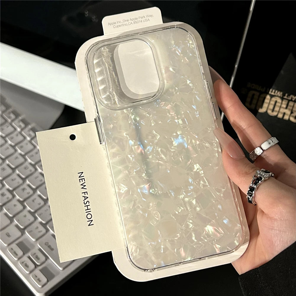 Luxury Glitter Shell Pattern Laser Case For iPhone 16 Pro Max 15 14 Plus 13 12 11 Aurora IMD Shockproof Protection Hard Cover