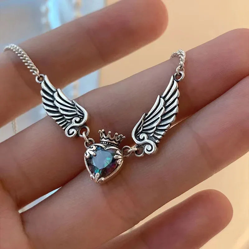 Gothic Silver Plated Heart Angel Wings Necklace Pendant Halloween Wedding Party Holiday Gift for Men and Women Daily Jewelry