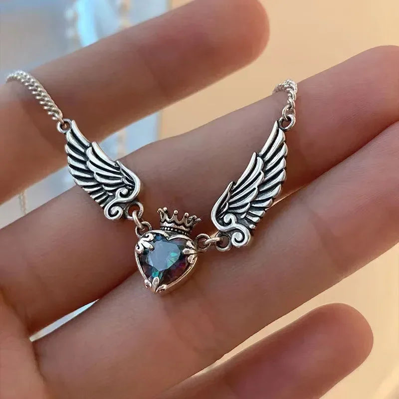 Gothic Silver Plated Heart Angel Wings Necklace Pendant Halloween Wedding Party Holiday Gift for Men and Women Daily Jewelry
